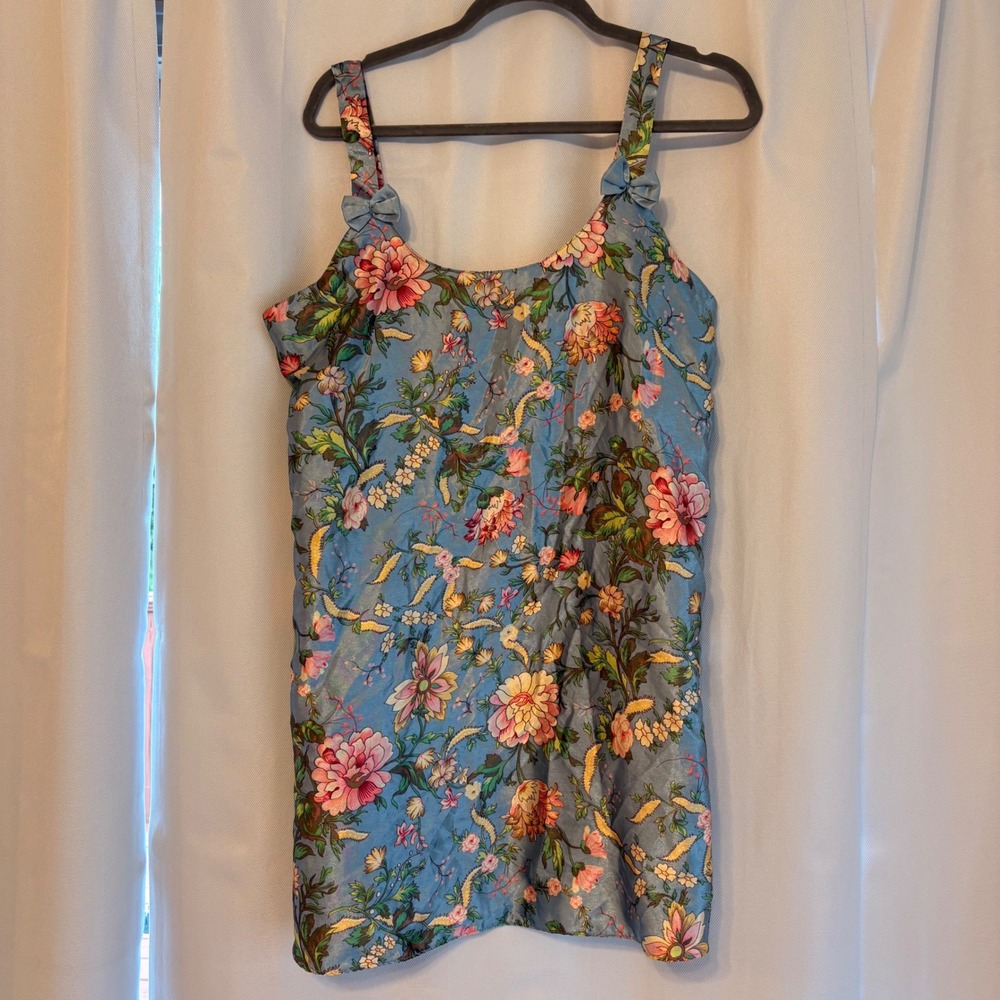 Vintage Sante Classics Satin Slip Dress Blue Floral Bow Cottagecore Lingerie